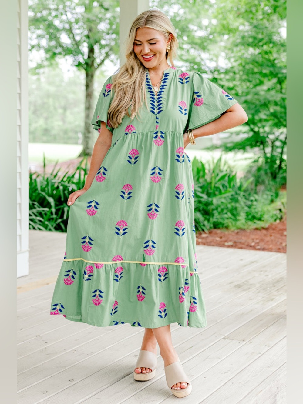 Umgee Floral Blooms Midi Dress Embroidered Botanical Flowy Cotton Boho Twirl